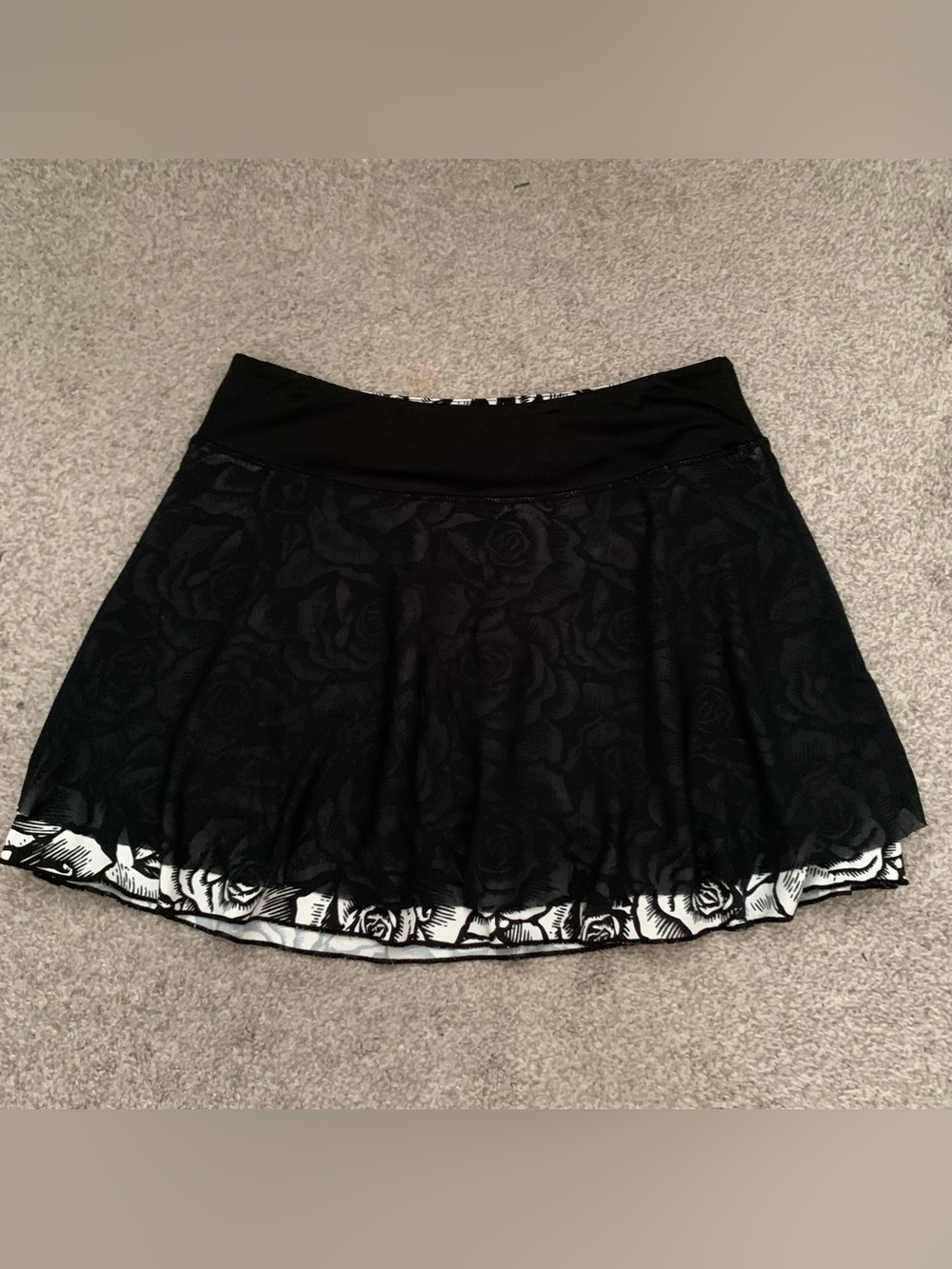 Kyodan Black Rose-Print Skater Skirt with White Floral Hem
